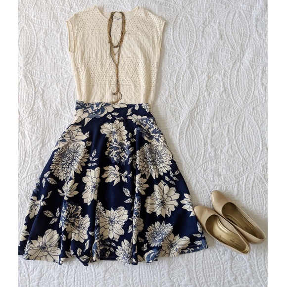 Agnes & Dora Dresses & Skirts - Cream & Navy Blue Floral Skirt
